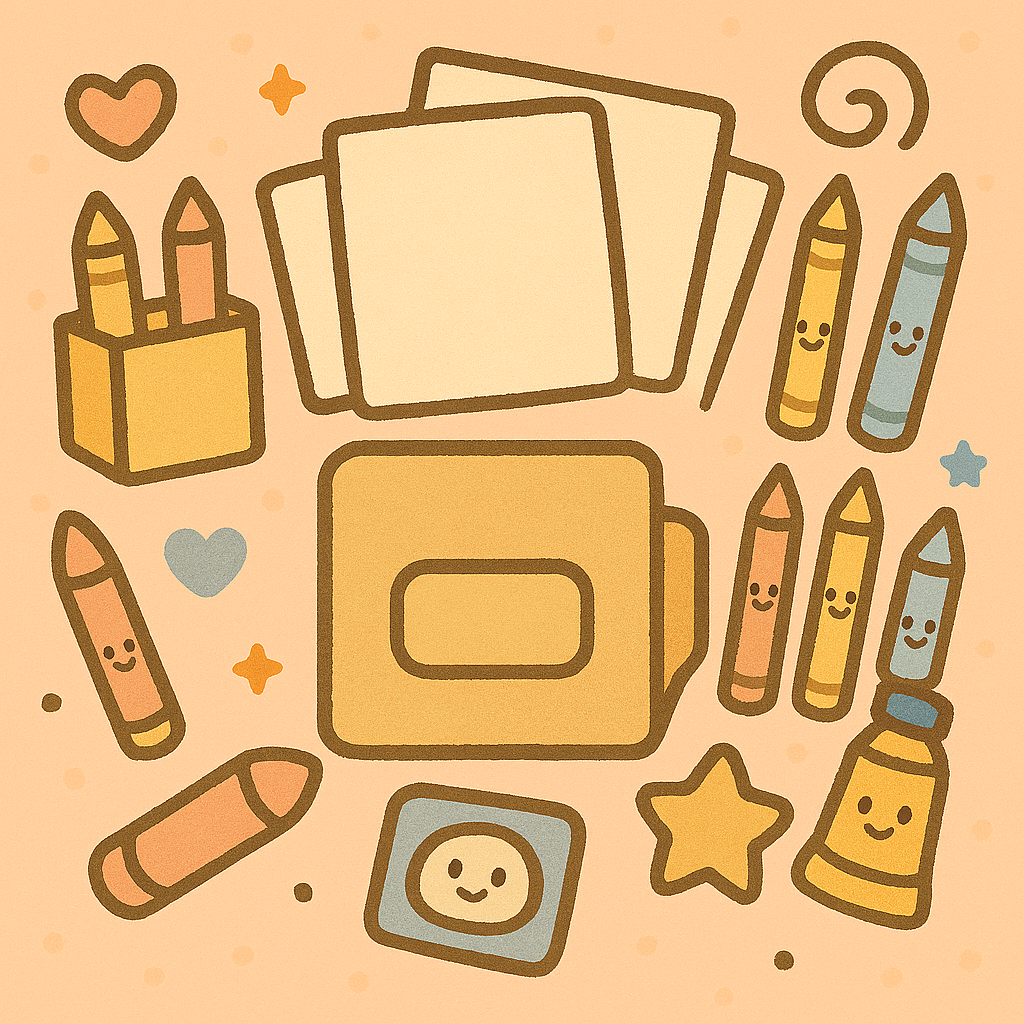 Illustration of stationery items including paper, crayons, and a box on a beige background.