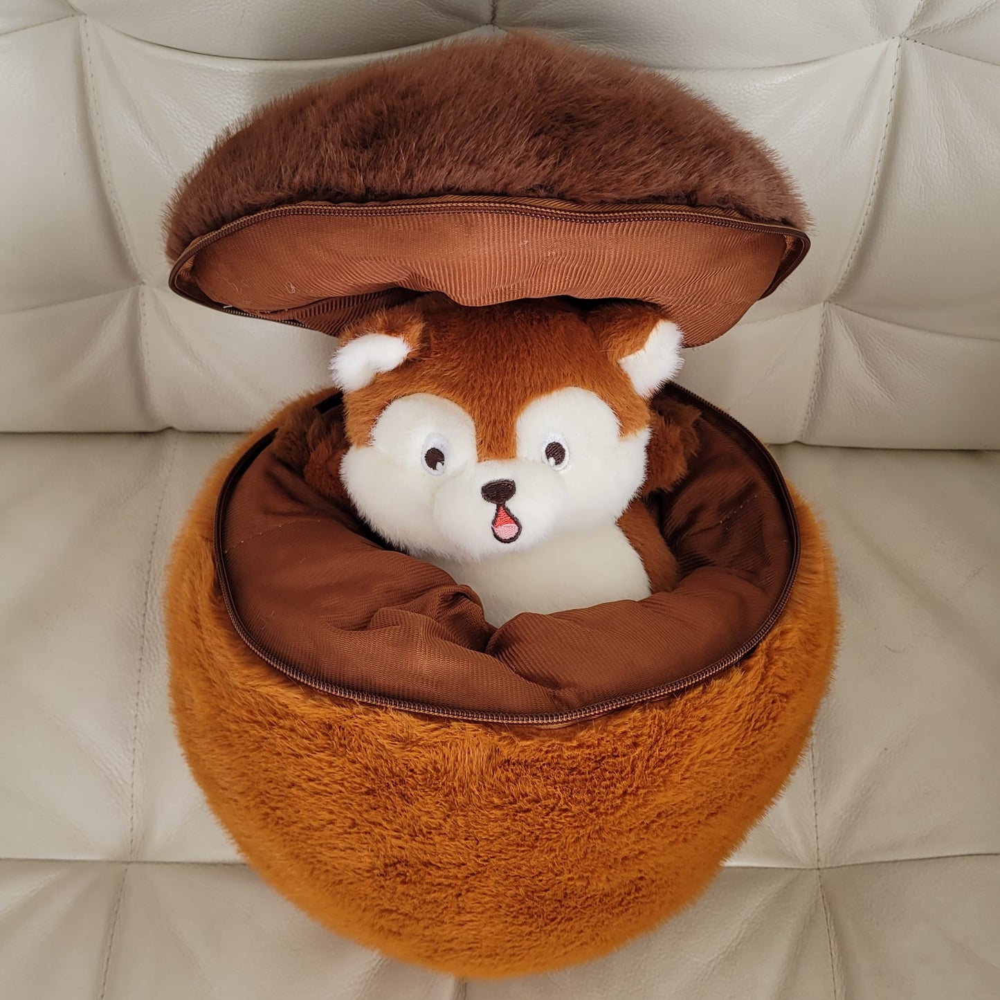 a squirrel plush inside of a nut plush on a couch